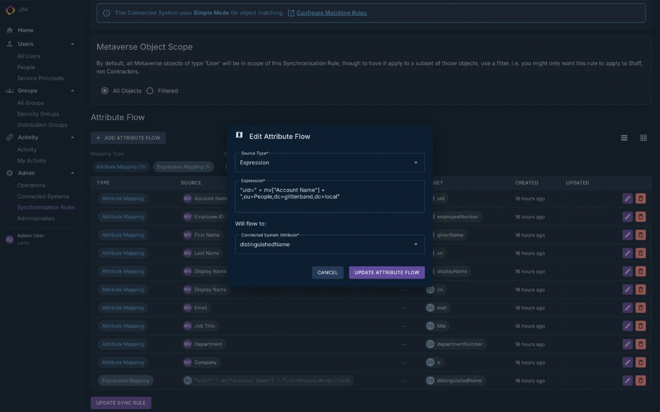 Defining attribute flow between JIM and a Connected System