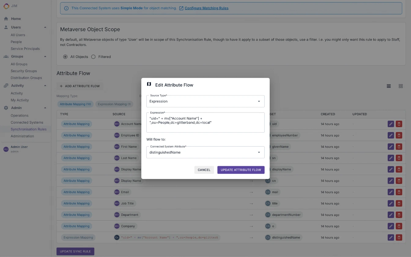 Defining attribute flow between JIM and a Connected System